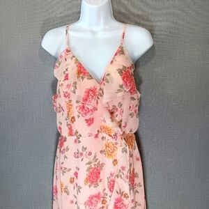 No Boundaries Maxi Dress Large‎ 11/13 Spaghetti Strap Pink Floral Chiffon Ruffle